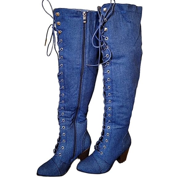 ⭐️2 SIZES LEFT - DARK DENIM LACE-UP KNEE HIGH BOOTS-NIB - Picture 6 of 6